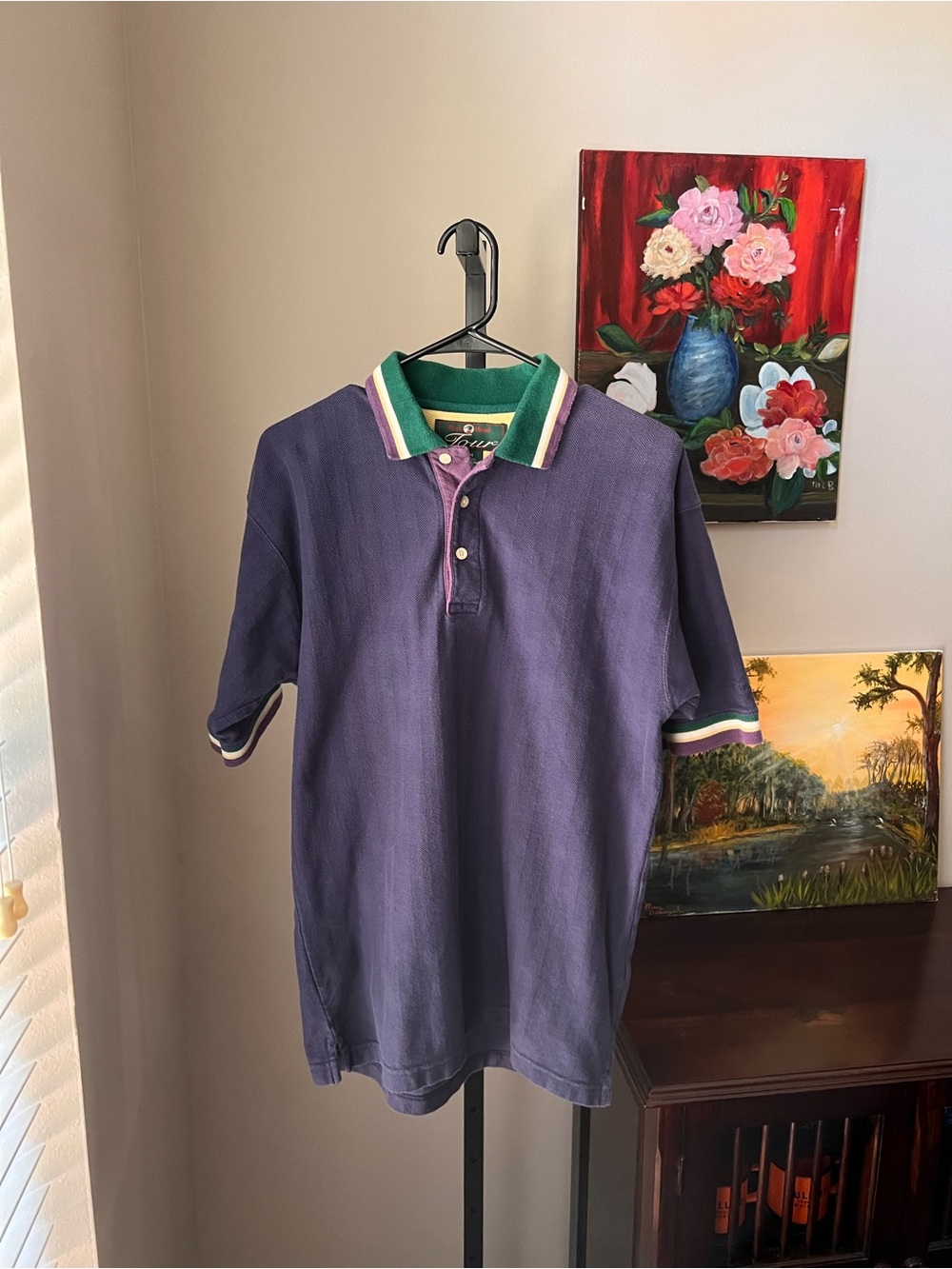 Duck Head tour vintage Classic navy and Purple Polo Shirt with Green-Trim Collar